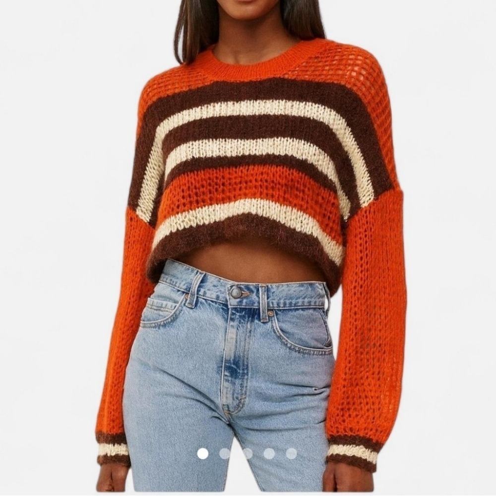Orange Brown Striped Cropped Knit Sweater Open Weave Crew Neck Boho Pullover